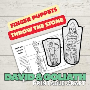 Puede incluir: Una manualidad imprimible con marionetas de dedo de David y Goliat. La imagen incluye una hoja con instrucciones y contornos de los personajes, junto con el texto "FINGER PUPPETS THROW THE STONE" y "DAVID & GOLIATH PRINTABLE CRAFT".