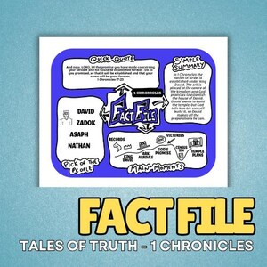 May include: A blue and white illustrated infographic titled "Fact File" about 1 Chronicles. The graphic includes a quick quote, simple summary, and sections on records, victories, and main moments. The text "Tales of Truth - 1 Chronicles" is at the bottom.