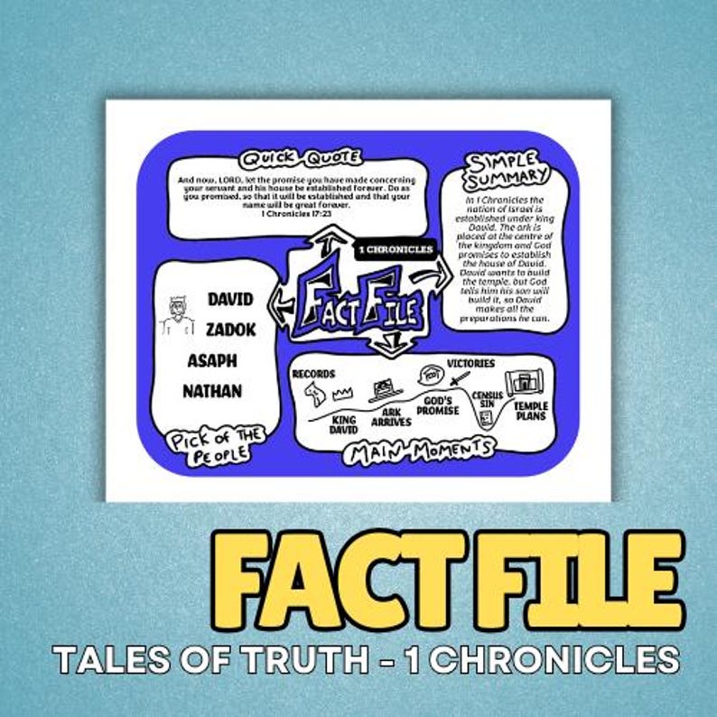 May include: A blue and white illustrated infographic titled "Fact File" about 1 Chronicles. The graphic includes a quick quote, simple summary, and sections on records, victories, and main moments. The text "Tales of Truth - 1 Chronicles" is at the bottom.