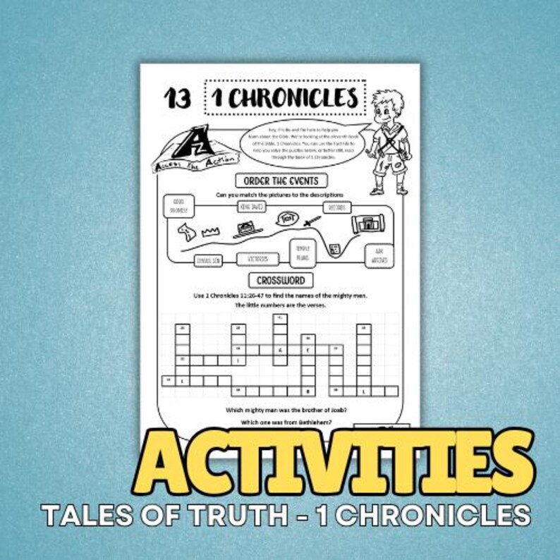 May include: A black and white activity sheet titled "1 Chronicles" with various puzzles, including a crossword and matching exercises. The sheet features illustrations and the text "Activities" and "Tales of Truth - 1 Chronicles".