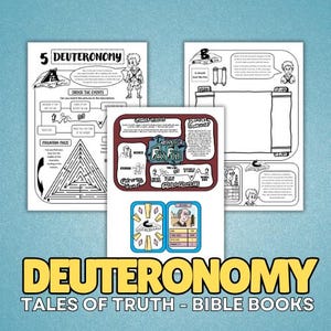 Può includere: Diverse pagine illustrate con il testo "5 DEUTERONOMY" e "TALES OF TRUTH - BIBLE BOOKS". Le pagine presentano disegni in bianco e nero, labirinti e riquadri di testo. Il tema è educativo e religioso.