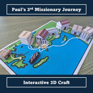May include: An interactive 3D craft depicting Paul's 3rd Missionary Journey. The map features pop-up buildings labeled Troas, Antioch, and Jerusalem, among others. The text "Paul's 3rd Missionary Journey" and "Interactive 3D Craft" are displayed in white text.