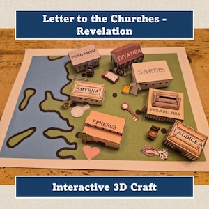 May include: An interactive 3D craft depicting a map with miniature buildings labelled with names such as Ephesus and Smyrna. The text "Letter to the Churches - Revelation" is displayed at the top, with "Interactive 3D Craft" at the bottom.