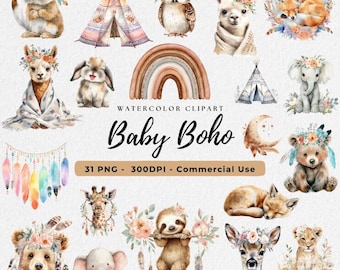Watercolor Boho Baby Shower Clipart, Boho Baby Animal Clipart, Baby Boho Nursery Art, Atelier Cliparts, Critters PNG, Neutral Baby Clip Art