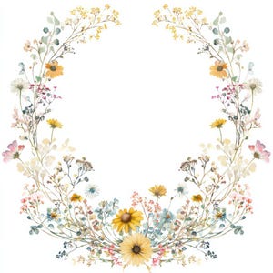 Puede incluir: Ilustración en acuarela de una corona floral. La corona está compuesta por varias flores silvestres en tonos amarillos, rosas, azules y blancos, dispuestas en forma circular. El fondo es blanco liso.