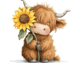15 Highland Cow-clipart, Highland Cow-zonnebloemen, aquarel baby Highland Cow JPG's, lentebloemen, Paper Craft, Junk Journal