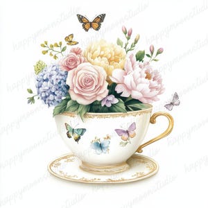 May include: A white teacup and saucer set with a gold handle and trim, filled with a bouquet of pastel-colored flowers. Butterflies in various colors are scattered around the cup and saucer, creating a whimsical design.