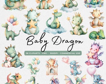 Watercolor Baby Dragon Clipart, Dragons Clipart PNG, Cute dragon PNG, Nursery wall art, Kids party, Baby shower, Nursery Baby illustration