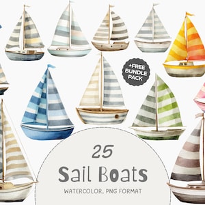 Könnte beinhalten: Aquarellillustration von 25 Segelbooten in verschiedenen Farben und Streifenmustern. Die Boote haben weiße Rümpfe und Segel in Blau-, Grün-, Gelb-, Rosa- und Brauntönen. Text: "25 Sail Boats" und "Watercolor, PNG Format".