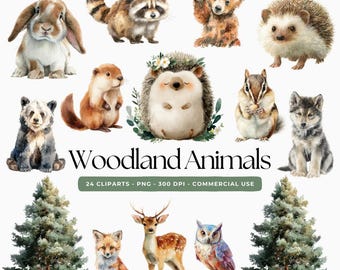 Woodland Animals Clipart, Watercolor Forest Animals PNG, Forest Baby Animals, Cute Animals Clip art PNGs, Woodland Nursery, Woodland Babies