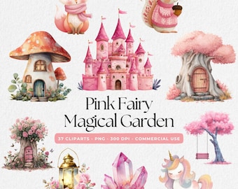 Magical Garden Fairies Clipart, Fairytale House Magic Pink, Watercolor Fairy Garden Clipart Fairies Clip Art, Fairy Garden Clipart