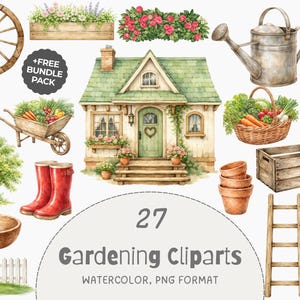 May include: A collection of watercolor gardening clipart featuring a cottage, wooden wheel, wheelbarrow with vegetables, metal watering can, lantern, carrot, basket of produce, red boots, terracotta pots, wooden crate, ladder, shovel, and fence.