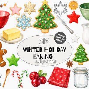 Könnte beinhalten: Eine Sammlung von Aquarellillustrationen mit weihnachtlichen Backutensilien, darunter Lebkuchen, ein Tannenbaum-Keks, Zuckerstangen, eine rote Schüssel, eine grüne Schüssel, ein weißer Krug, ein Glasgefäß, eine rote Serviette und Backwerkzeuge.