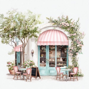 Könnte beinhalten: Aquarellillustration einer charmanten Bäckerei mit einer rosa-weiß gestreiften Markise und hellblauen Türen. Tische und Stühle stehen draußen, umgeben von Blumen und Grün. Eine Tafel mit Menü steht in der Nähe des Eingangs.