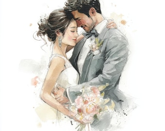 Watercolor Wedding Couple Clipart, Wedding Invitation, Bride and Groom Illustration, Romantic Wedding Day