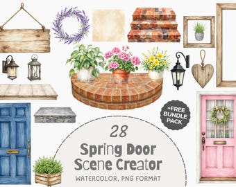 Watercolor Spring Door Clipart, Home Scene Creator, Front Door Clipart, Customizable Doors, Plants for Scrapbooking, Invites, Home Décor