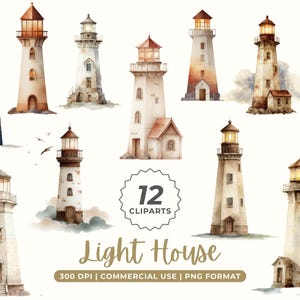 May include: Watercolor illustration of 12 lighthouse cliparts. The lighthouses are in various styles, with white, brown, and blue tones. The image includes the text "Light House" and details about the image format.