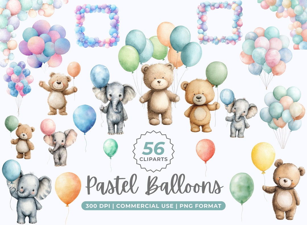 Watercolor Pastel Balloons Clipart Bundle, Happy Birthday PNG, Baby ...