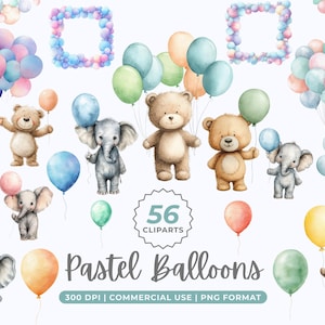 Può includere: Set di clipart ad acquerello con orsetti ed elefanti che tengono palloncini dai colori pastello. L'immagine include gruppi di palloncini, cornici e singoli palloncini in tonalità tenui. Testo: "Pastel Balloons" e "56 Cliparts".