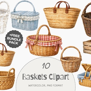 May include: A collection of ten woven baskets and a wooden crate in various shapes and sizes, including styles with fabric liners, lids, and handles. The text reads +FREE BUNDLE PACK, 10 Baskets Clipart, and WATERCOLOR, PNG FORMAT.