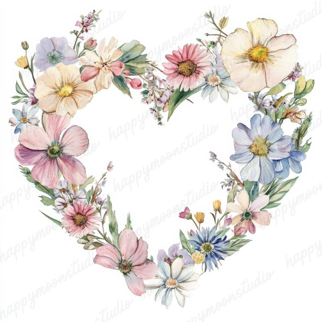 25 Floral Heart Shaped Wreath, Watercolor Spring Flower Wreath, Heart ...