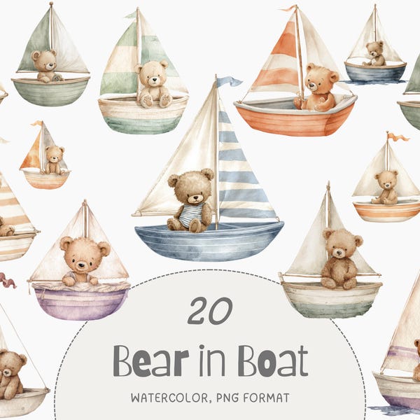 Little Sailor Aquarell Clipart Bundle, Bär im Boot Cliparts, Teddybär Boot, Bär Boot Clipart, Aquarell Segelbären, Segelboot PNG