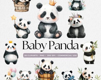 Panda Watercolor Clipart Set, Panda Illustration Clip Arts PNG, Watercolor Baby Panda Clipart Illustrations, Transparent PNG, Commercial use
