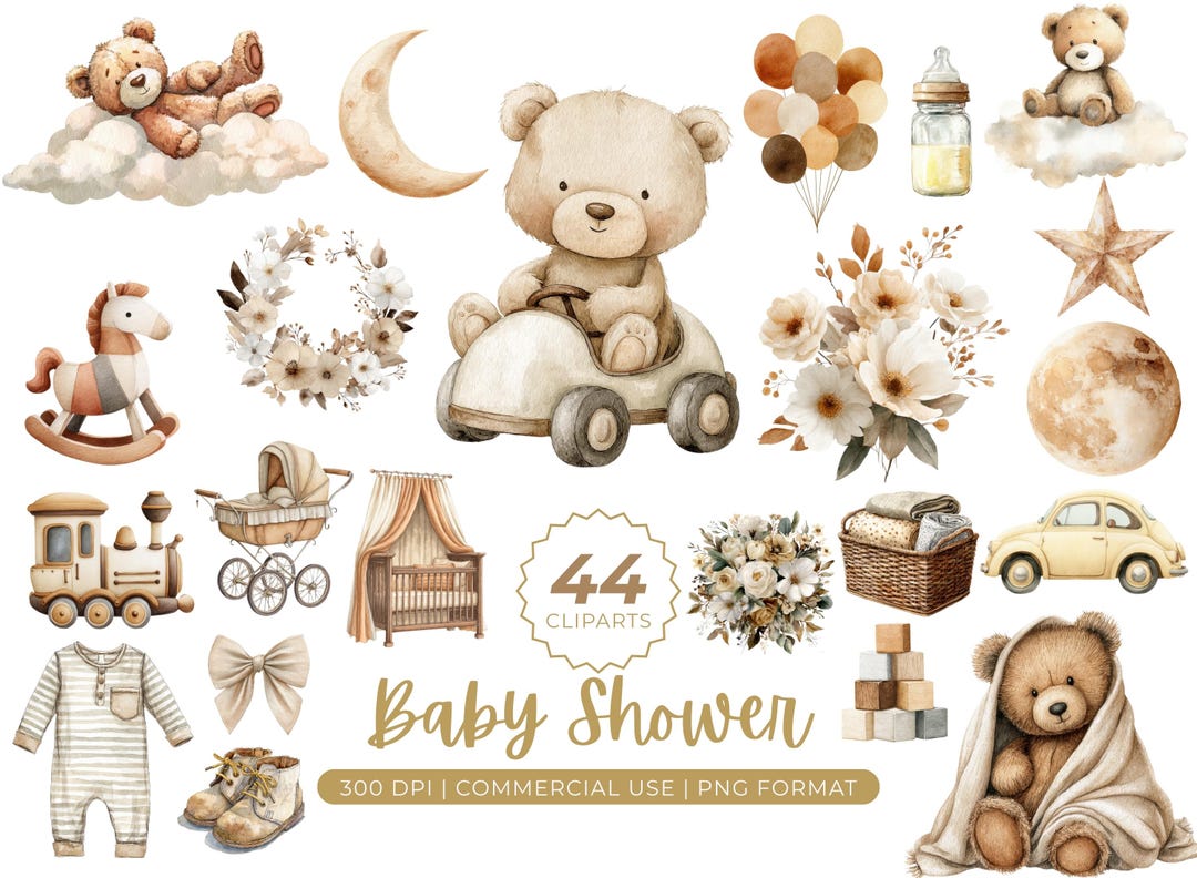 Neutral Baby Shower Clipart Bundle, Watercolor Baby Shower PNG, Boho ...