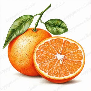May include: A detailed illustration of an orange fruit, whole and sliced, with green leaves and a stem. The orange is a vibrant orange colour with a textured peel. The sliced orange reveals the juicy segments inside. The leaves are a deep green.