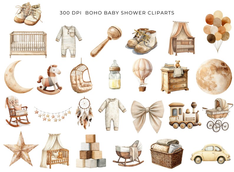 Neutral Baby Shower Clipart Bundle, Watercolor Baby Shower PNG, Boho ...