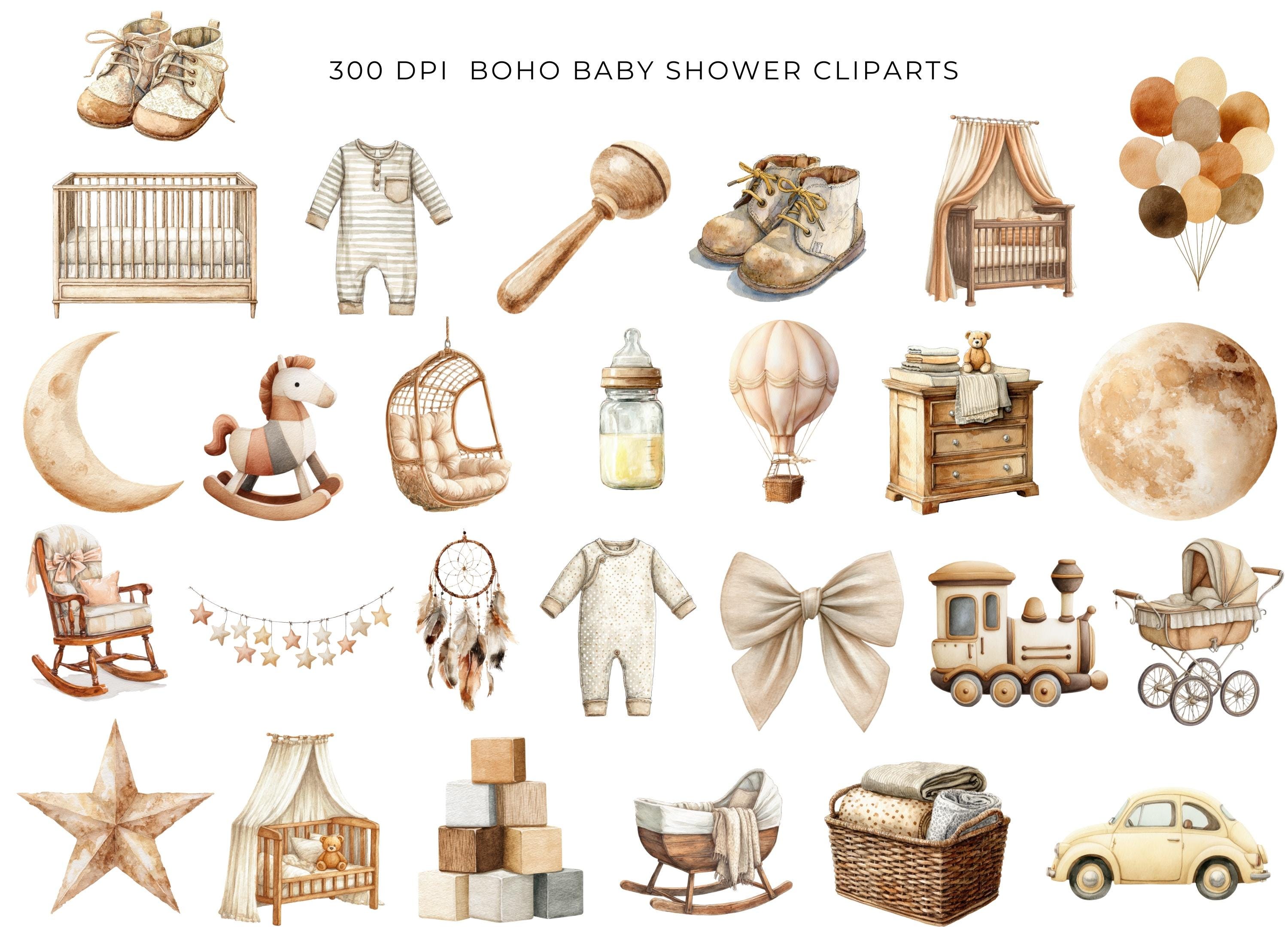 Neutral Baby Shower Clipart Bundle, Watercolor Baby Shower PNG, Boho ...