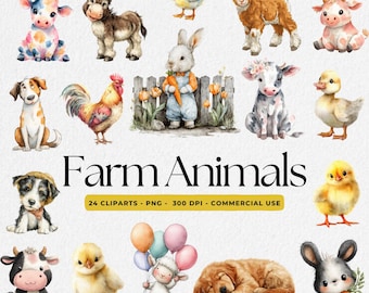 Cute Farm Clipart, Farm Animals Watercolor Digital Clipart, Farm Animals PNG, Cute Farm Animals, Watercolor Farm Life, Cute Farm PNG