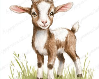Könnte beinhalten: Aquarell-Illustration eines Ziegenbabys mit braun-weißem Fell, das in grünem Gras steht. Die Ziege hat kleine Hörner, große Ohren und einen lächelnden Gesichtsausdruck. Das Kunstwerk hat einen weichen, skurrilen Stil, ideal für Kinderzimmerdekoration oder Bastelarbeiten zum Thema Bauernhof.