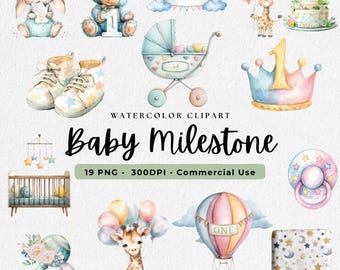 Baby Milestone Watercolor Clipart Set, Birthday Clipart, Baby Shower PNG, Babies Milestone Clip Art, Nursery Decor PNG, Balloons PNG