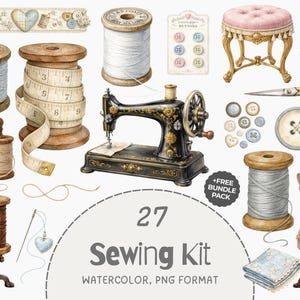 May include: A digital collection of 27 watercolour sewing illustrations including a black vintage sewing machine, wooden spools with white and brown thread, a measuring tape, a dress form, gold scissors, a silver thimble, and various buttons.