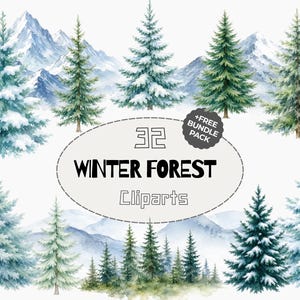 Può includere: Una collezione di 32 clipart ad acquerello di una foresta invernale con vari pini sempreverdi e catene montuose innevate. Il grafico ovale centrale contiene il testo 32 WINTER FOREST Cliparts e un badge circolare con +FREE BUNDLE PACK.