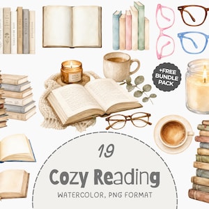 May include: A collection of watercolor illustrations featuring stacks of books, open books, eyeglasses in pink, blue, and brown, lit candles in glass jars, a coffee mug, and a bookmark. The text reads 19 Cozy Reading WATERCOLOR, PNG FORMAT.
