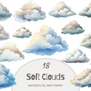 May include: Watercolor illustration of 18 soft clouds in various shapes and sizes. The clouds are painted in shades of blue, white, and beige, with a soft, dreamy quality. The text "18 Soft Clouds" is included in the image.