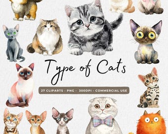 Cats Clipart Bundle, Cat Breeds Clipart PNG, Cute Cats Clip Art, Kitten Graphics Nursery, Watercolor Cat and Kitten, Digital Download