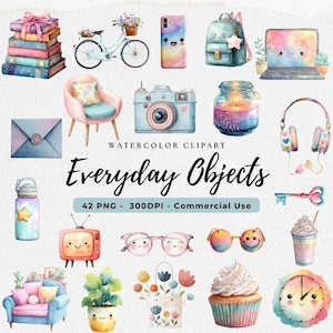 May include: Watercolor clipart featuring everyday objects, including a stack of books, a bicycle with flowers, a phone case, a backpack, a laptop, a camera, a candle, headphones, a water bottle, a TV, glasses, sunglasses, a cupcake, and a clock.
