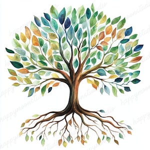 May include: Watercolor illustration of a tree with a brown trunk and roots, and a canopy of colorful leaves. The leaves are in shades of green, blue, yellow, and orange. The tree is set against a white background.