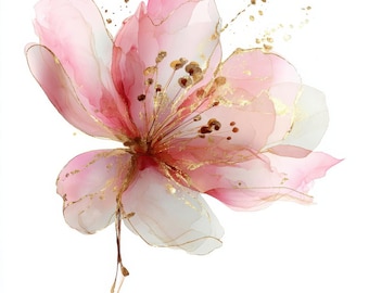 10種類の印刷可能な抽象的な花、水彩画のピンクの花、透明な花の
