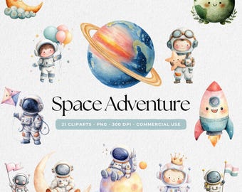 Watercolor Space Clipart, Astronauts, Planets, Rockets, Space Astronaut PNGs, Astronaut and Space Clipart, Space Digital Print