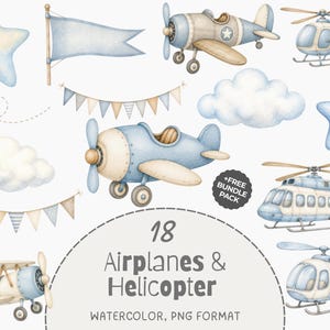 Pode incluir: Uma coleção de ilustrações em aguarela com aviões, helicópteros, nuvens, estrelas e bandeirolas em azul claro e bege. O texto diz 18 Airplanes & Helicopter, +FREE BUNDLE PACK e WATERCOLOR, PNG FORMAT.