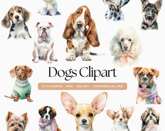 Hunde Clipart Bundle, Aquarell Hunderasse Clipart, Hundeporträts, klassische Hunde PNGs, kokette Hund Sublimationsdesigns, HUNDE Clip Art PNG