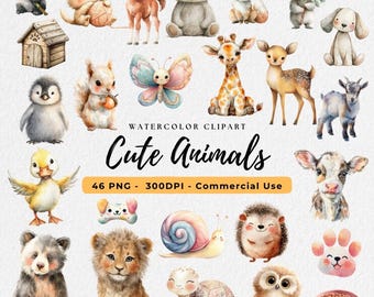 Watercolor Cute Animals Clipart, Animals PNG, Cute Animal Bundle, Baby Animals, Printable Animals Clipart Bundle