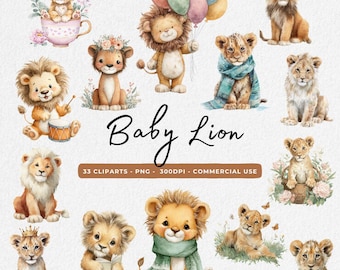 Lion Character Clipart Bundle, Baby Lion PNG, Cute Jungle Animal, Cute Little Lion, Watercolor Lion art, Baby Safari Friends, Baby Lion Art