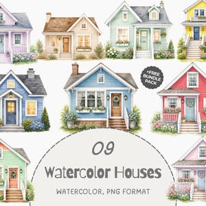May include: A collection of nine watercolor illustrations of houses in various colors including lavender, beige, mint green, yellow, blue, and pink. Each house features architectural details like porches, windows, and flower boxes. Text reads 09 Watercolor Houses.