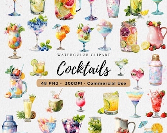 Watercolor Cocktail Clipart PNG, Signature Cocktail Drink Illustrations, Bar Menu, Mojitos, Non Alcoholic Drinks, Beverage Clip Art