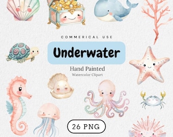 Cute Sea Animals Clipart, Ocean Nursery PNG, Under the Sea Animals PNG, Cute Sea Creatures, Watercolor Ocean Animals, Marine Animals Bundle